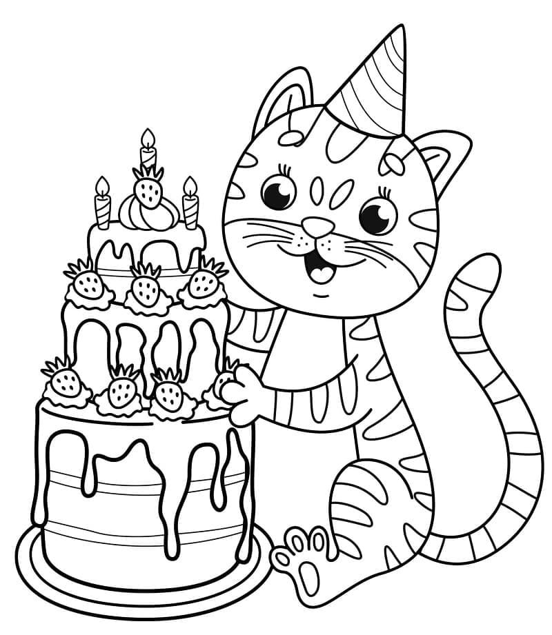 desenho gato e bolo de aniversario para colorir