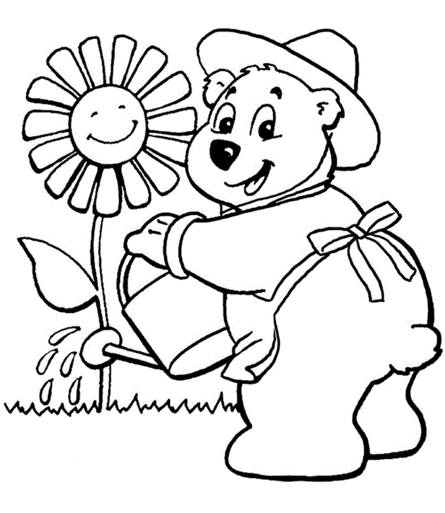 Desenho de Ursinho cuidando da flor para colorir 1200x1381 1