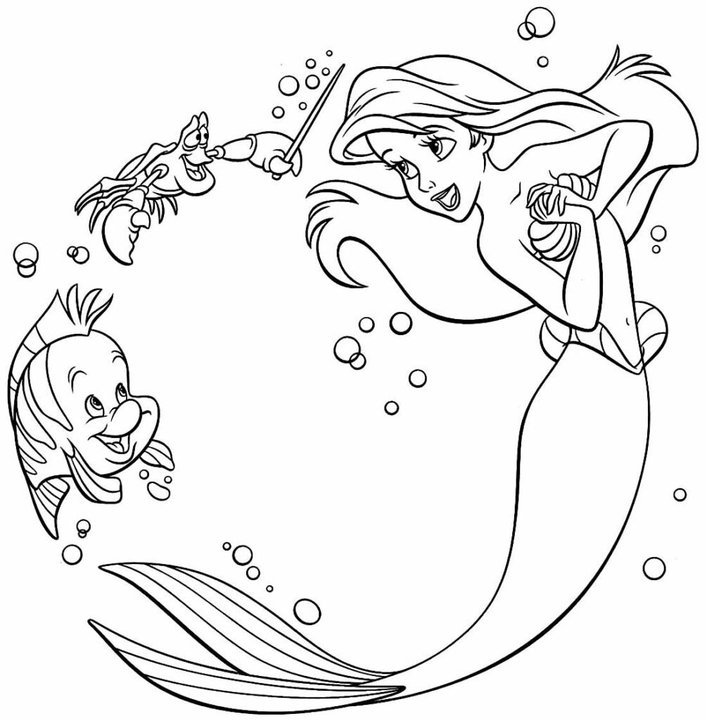 Desenho de linda pequena sereia com peixe para colorir para imprimir