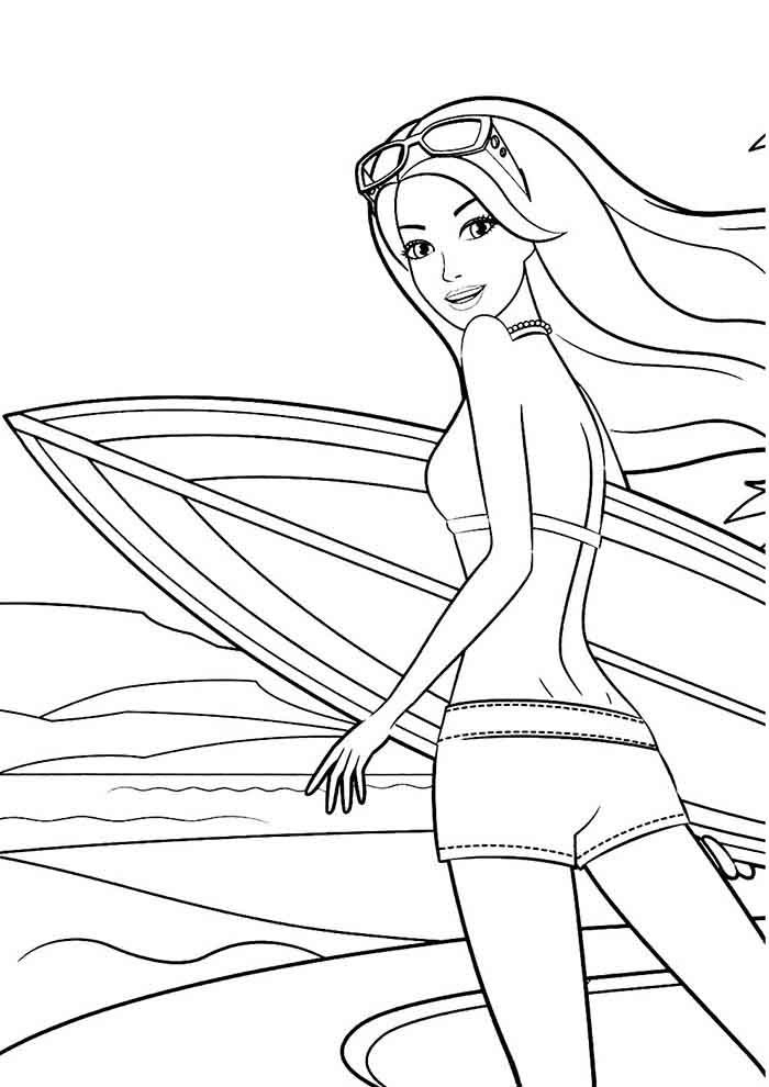 barbie para colorir mar prancha surfe