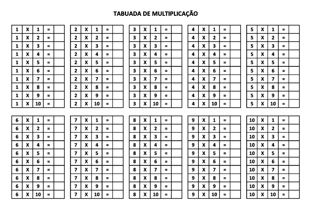 Tabuada Para Imprimir. Tabuada Para Impressão. Tabuada Impressa.