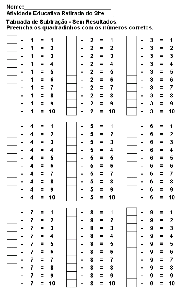 Menu das Tabuadas em PDF > aMath