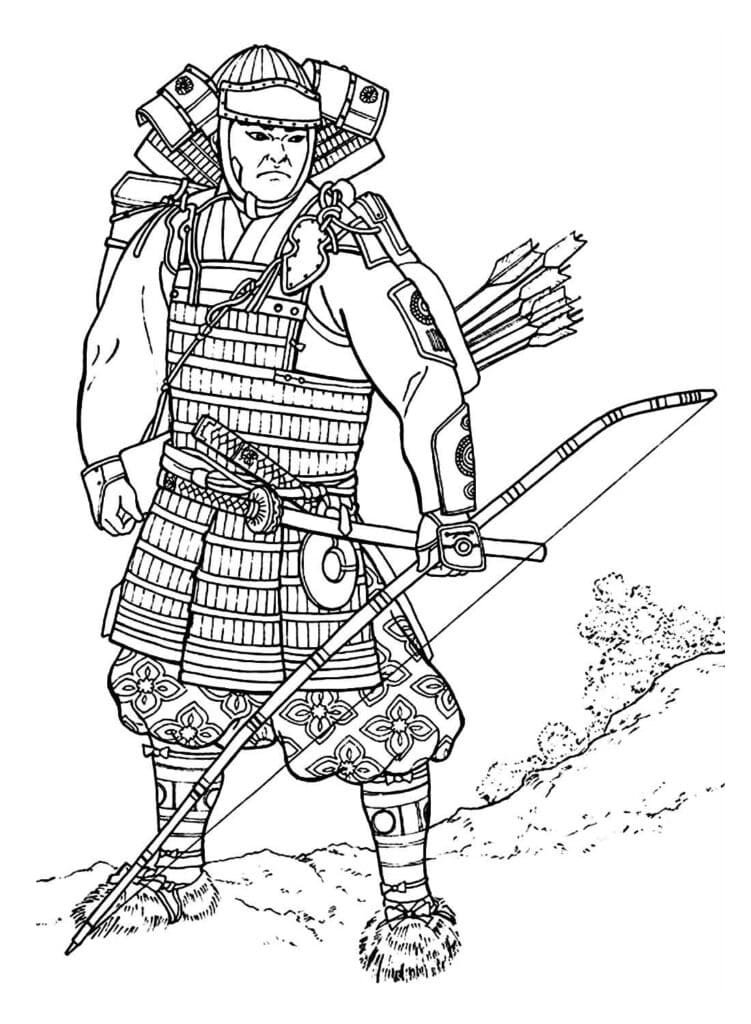 desenho de samurai com arco e flechas para colorir